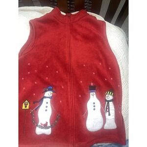 VTG Christmas Vest Snowman Red Small Rebecca Malone  Zip Birdhouse Soft‎